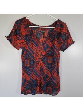 Lucky Brand Artsy Boho Blouse Women S Red Blue Cabincore Tassels Airy Chiffon